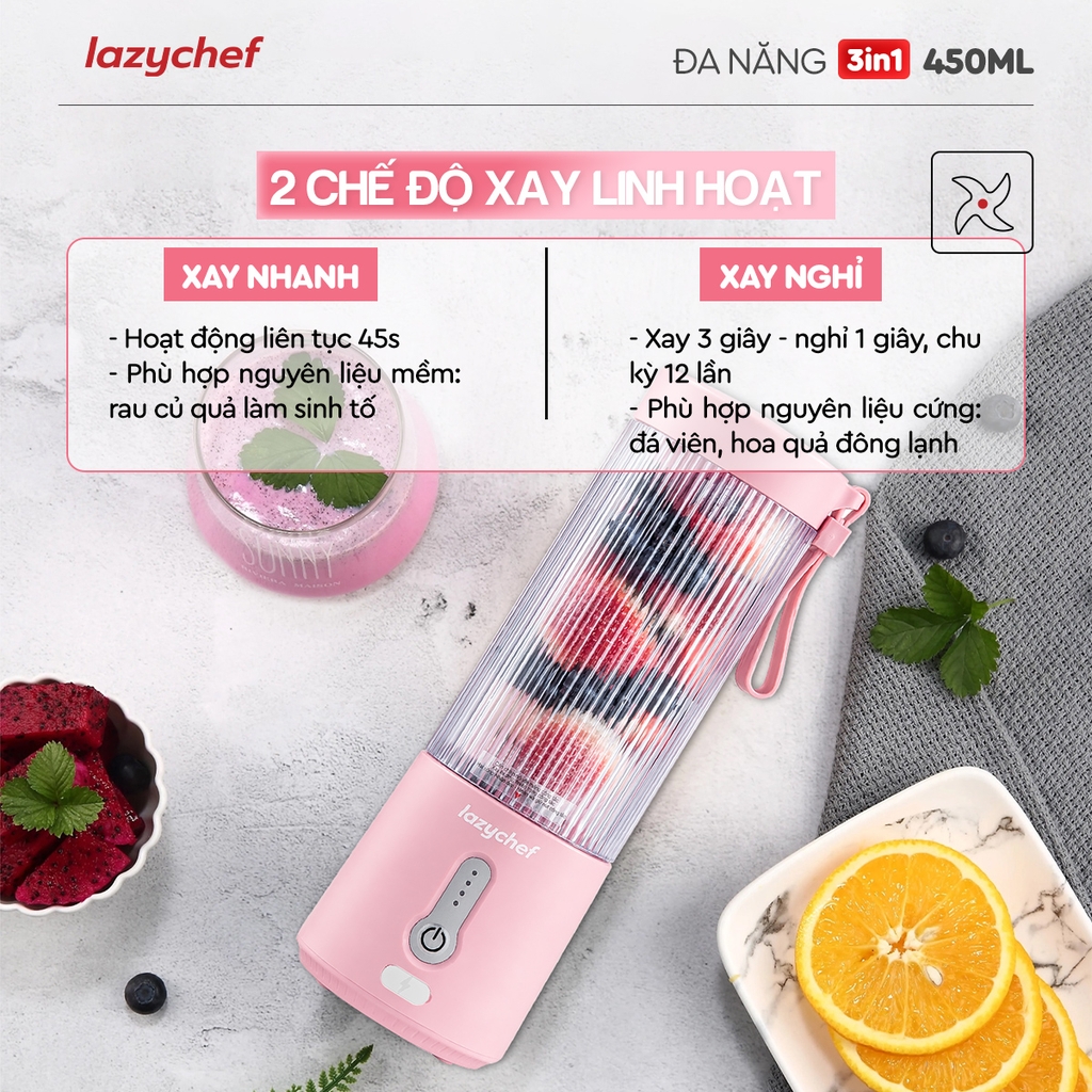 [PHIÊN BẢN MÀU HỒNG MỚI NHẤT] MÁY XAY TÍCH ĐIỆN ĐA NĂNG 3IN1 LAZYCHEF 450ML