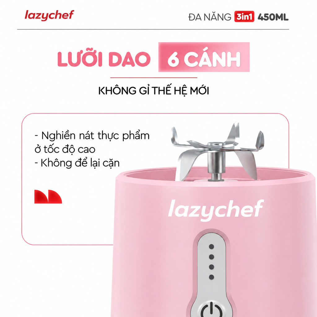 [PHIÊN BẢN MÀU HỒNG MỚI NHẤT] MÁY XAY TÍCH ĐIỆN ĐA NĂNG 3IN1 LAZYCHEF 450ML