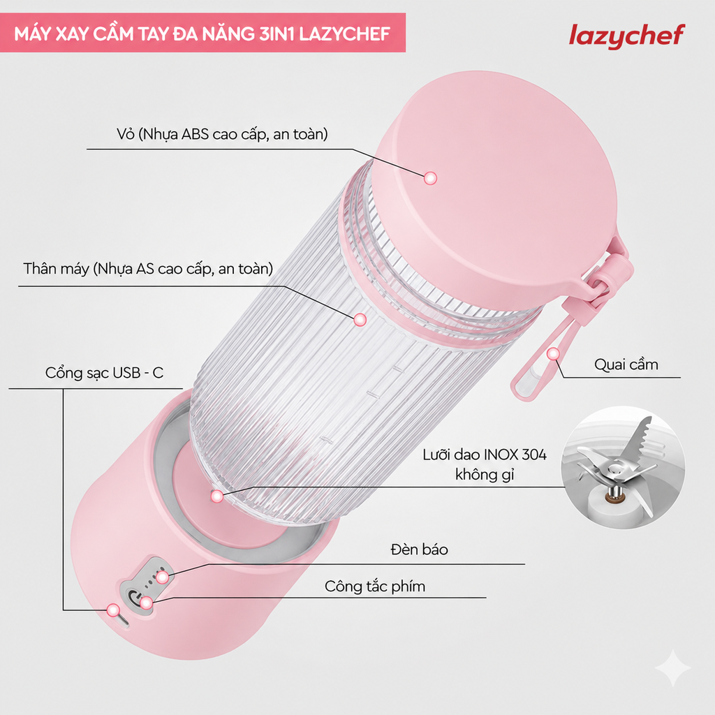 [PHIÊN BẢN MÀU HỒNG MỚI NHẤT] MÁY XAY TÍCH ĐIỆN ĐA NĂNG 3IN1 LAZYCHEF 450ML