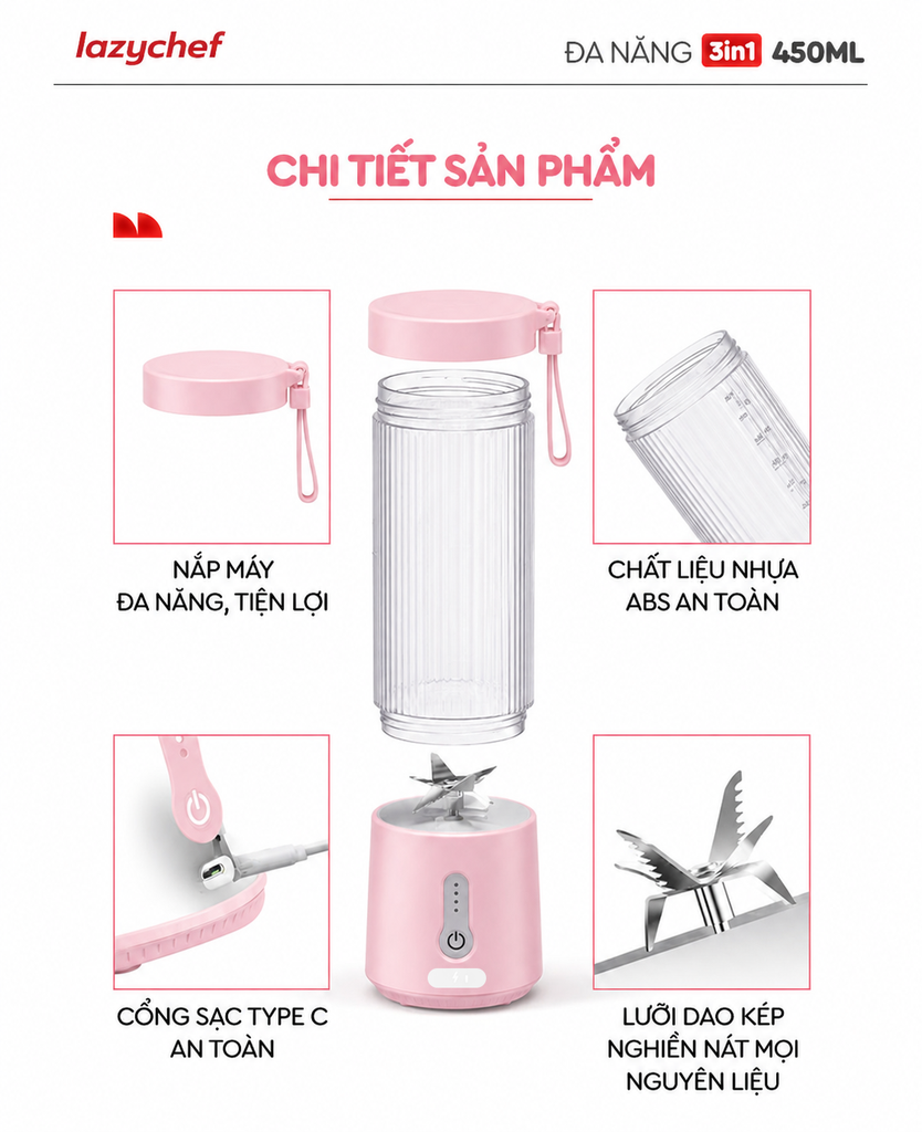 [PHIÊN BẢN MÀU HỒNG MỚI NHẤT] MÁY XAY TÍCH ĐIỆN ĐA NĂNG 3IN1 LAZYCHEF 450ML