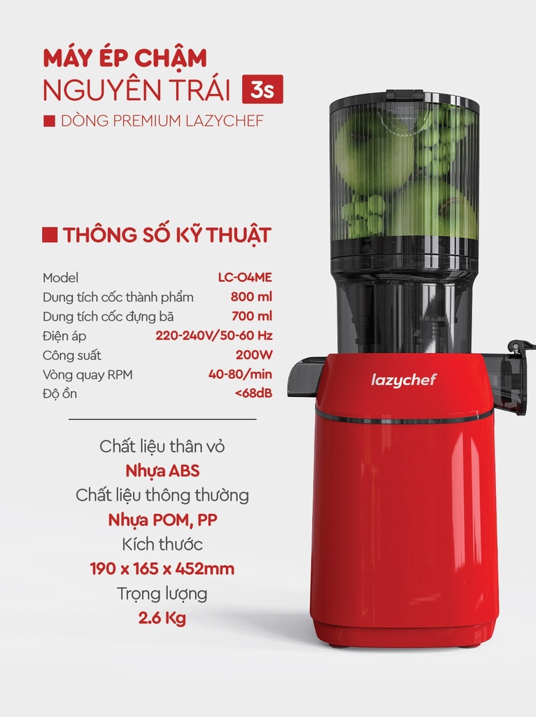 [BÁN CHẠY NHẤT] Máy ép chậm nguyên quả 3S Premium Lazychef