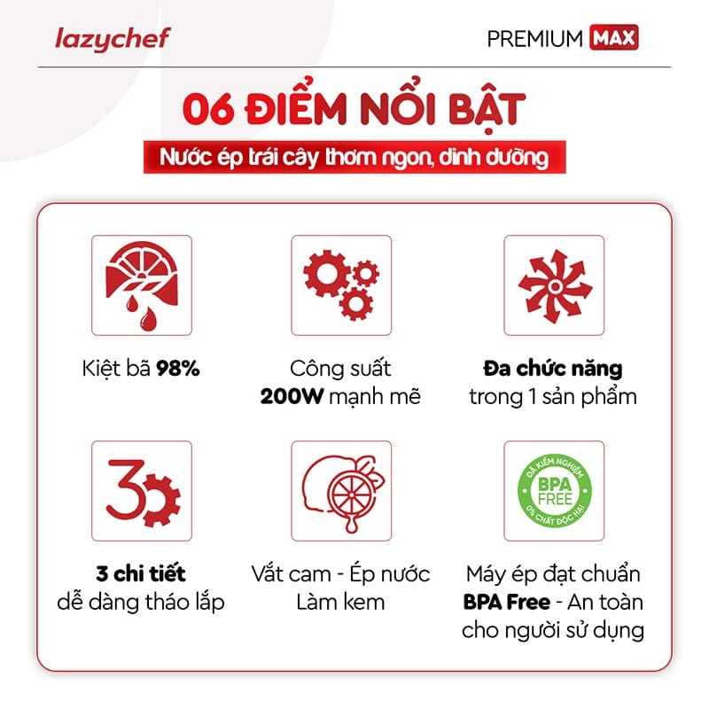 PHIÊN BẢN CẢI TIẾN TÍCH HỢP VẮT CAM - MÁY ÉP CHẬM PREMIUM MAX LAZYCHEF