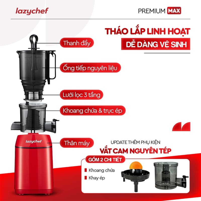 PHIÊN BẢN CẢI TIẾN TÍCH HỢP VẮT CAM - MÁY ÉP CHẬM PREMIUM MAX LAZYCHEF