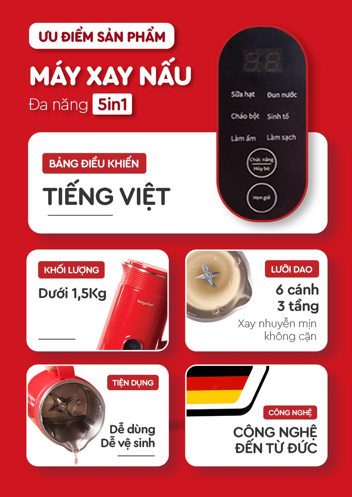 MÁY XAY NẤU ĐA NĂNG 5IN1 LAZYCHEF 2.0 [PHIÊN BẢN NẮP INOX]