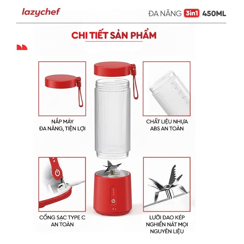 MÁY XAY TÍCH ĐIỆN ĐA NĂNG 3IN1 LAZYCHEF 450ML