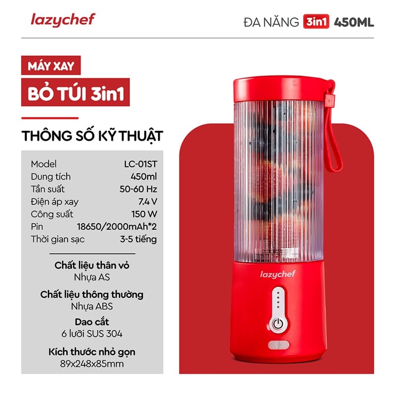 MÁY XAY TÍCH ĐIỆN ĐA NĂNG 3IN1 LAZYCHEF 450ML