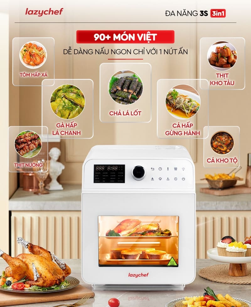 |HOT| Nồi Chiên Không Dầu Hơi Nước LazyChef 16L, Lò Nướng Đa Năng Cao Cấp 8in1, Dây Mayso Ẩn Dễ Vệ Sinh, Bảo Hành Chính Hãng 24 Tháng