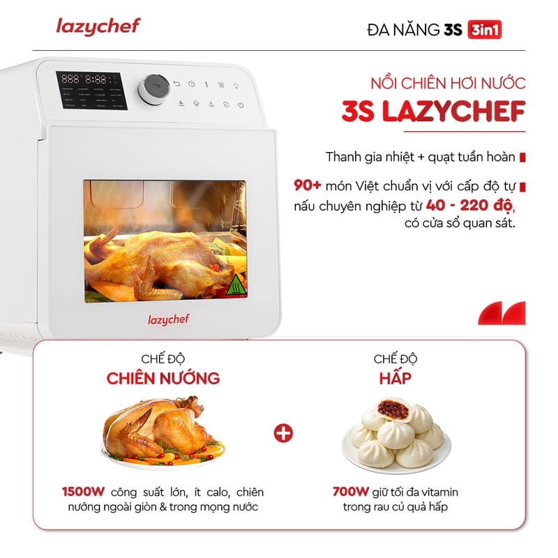 |HOT| Nồi Chiên Không Dầu Hơi Nước LazyChef 16L, Lò Nướng Đa Năng Cao Cấp 8in1, Dây Mayso Ẩn Dễ Vệ Sinh, Bảo Hành Chính Hãng 24 Tháng