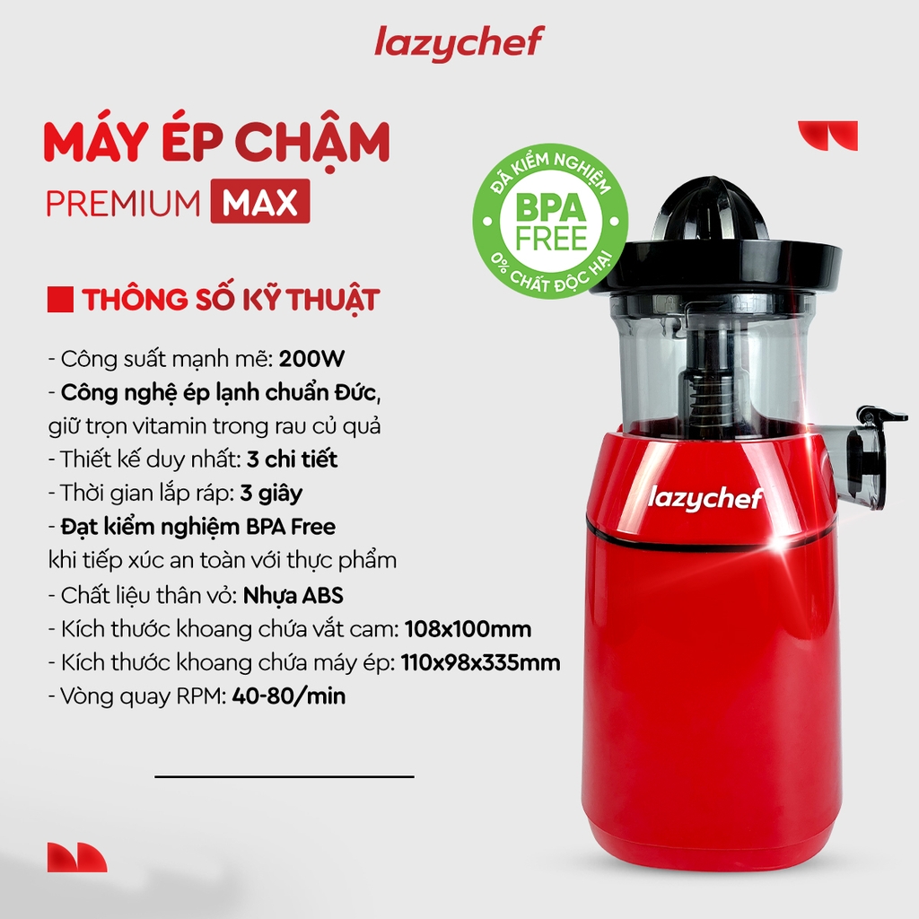 |PHIÊN BẢN CẢI TIẾN TÍCH HỢP VẮT CAM| MÁY ÉP CHẬM PREMIUM MAX LAZYCHEF