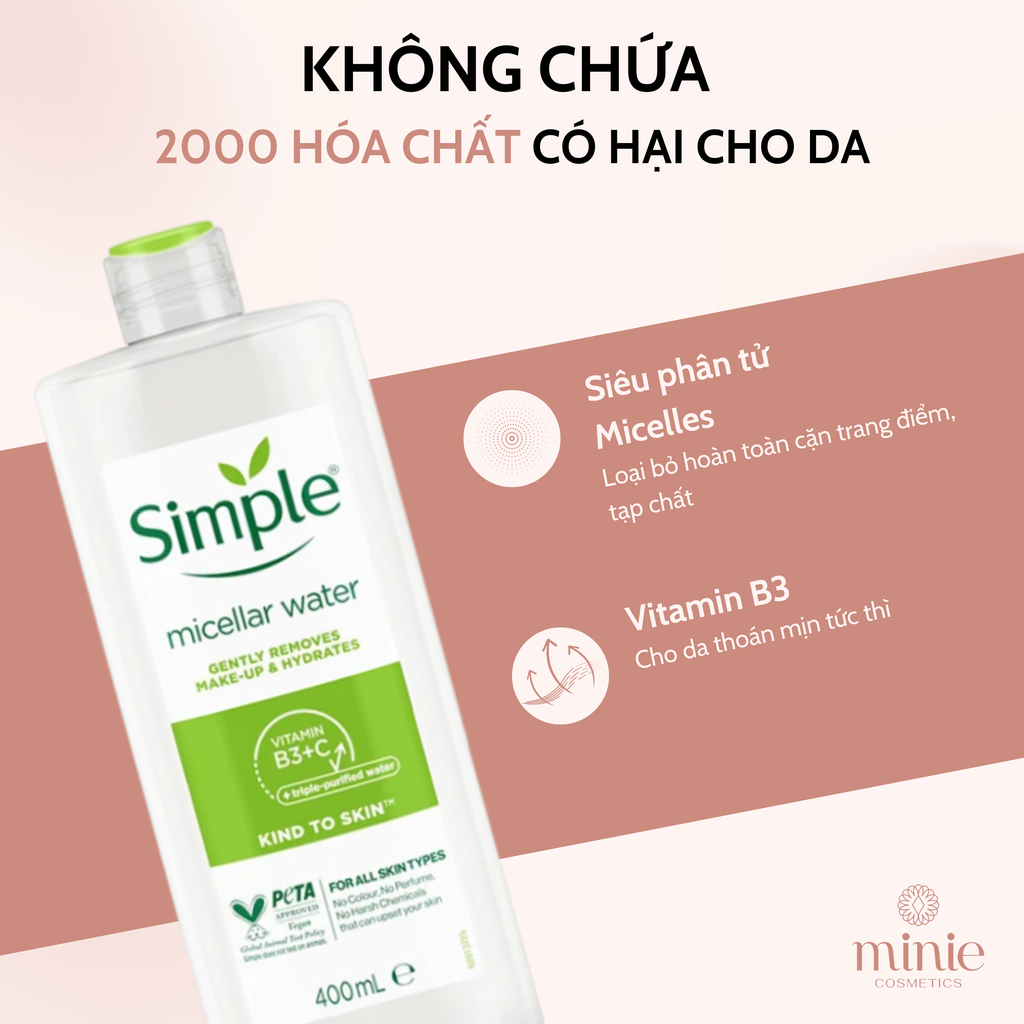 Nước Tẩy Trang Simple Làm Sạch Trang Điểm 200ml Kind To Skin Micellar Cleansing Water