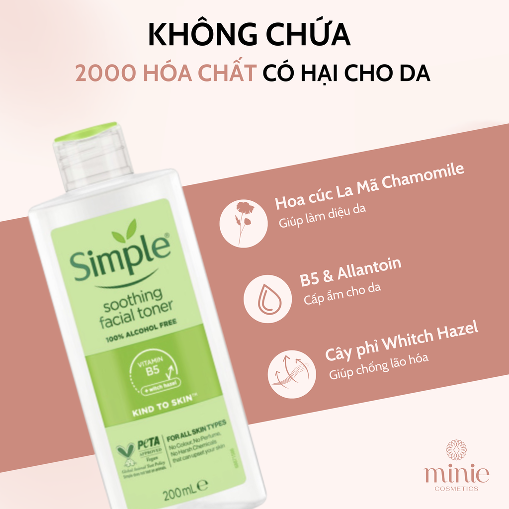 Nước Hoa Hồng Simple Làm Dịu Da & Cấp Ẩm 200ml Kind to Skin Soothing Facial Toner