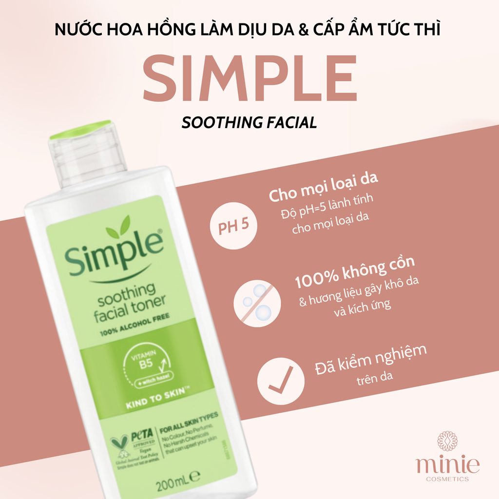 Nước Hoa Hồng Simple Làm Dịu Da & Cấp Ẩm 200ml Kind to Skin Soothing Facial Toner