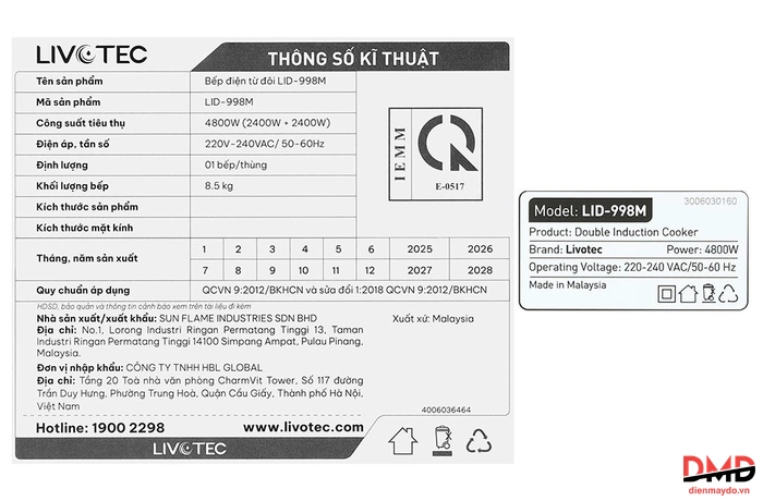Bếp từ đôi lắp âm Livotec LID-998M