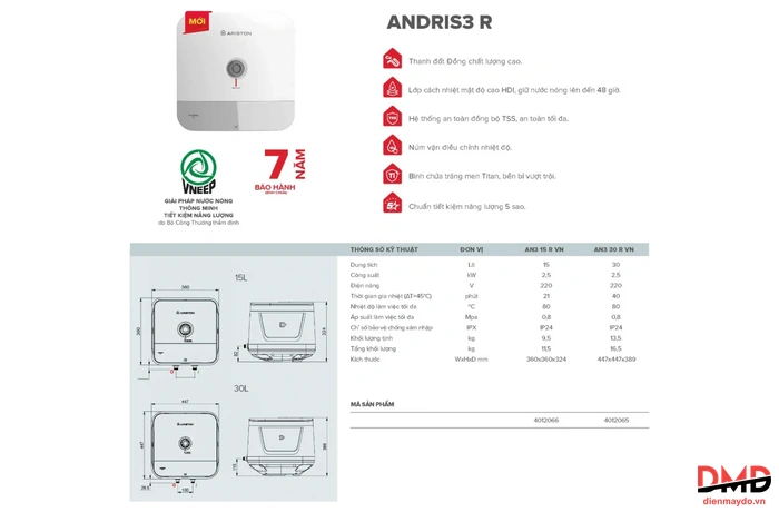 Bình nóng lạnh gián tiếp Ariston ANDRIS3 30 lít 2500W AN3 30R AG+