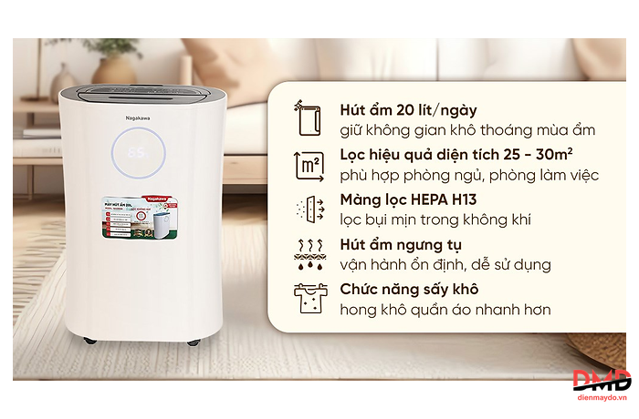 Máy hút ẩm kết hợp lọc không khí Nagakawa NAD8559 20 lít