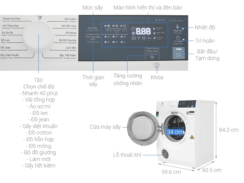 Máy sấy quần áo Electrolux 8.5 kg EDV854J3WB