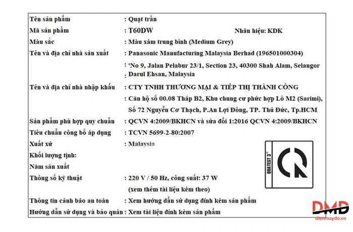 Quạt trần KDK 5 cánh T60DW(GY) 37W
