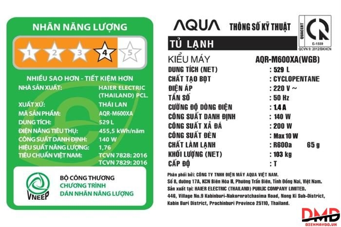 Tủ lạnh Aqua Inverter Multi Door 529 lít AQR-M600XA(WGB)