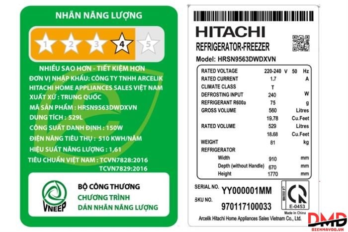 Tủ lạnh Hitachi Inverter Side By Side 529 lít HRSN9563DWDXVN
