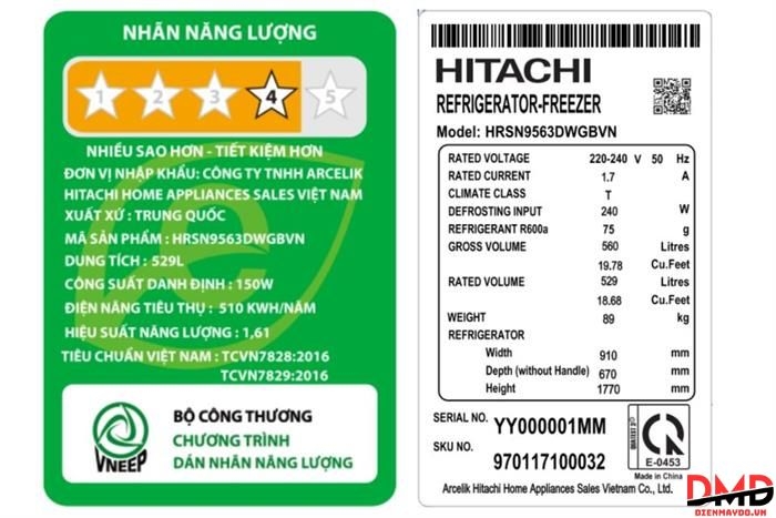 Tủ lạnh Hitachi Inverter Side By Side 529 lít HRSN9563DWDGBVN