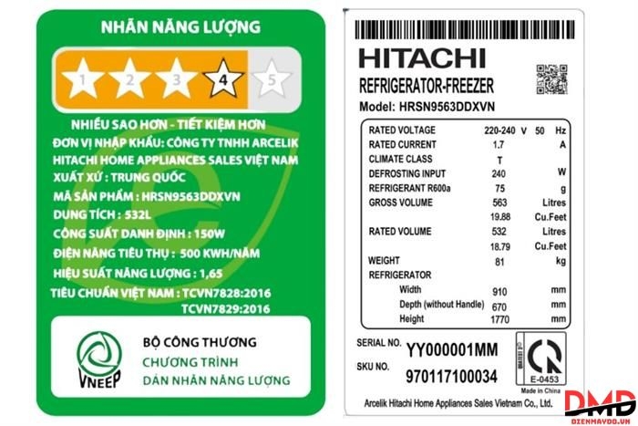 Tủ lạnh Hitachi Inverter Side By Side 532 lít HRSN9563DDXVN