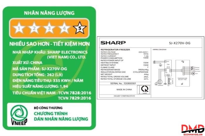 Tủ lạnh Sharp Inverter 247 lít SJ-X270V-DG