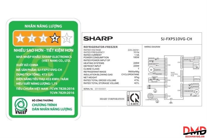 Tủ lạnh Sharp Inverter Multi Door 421 lít SJ-FXP510VG-CH