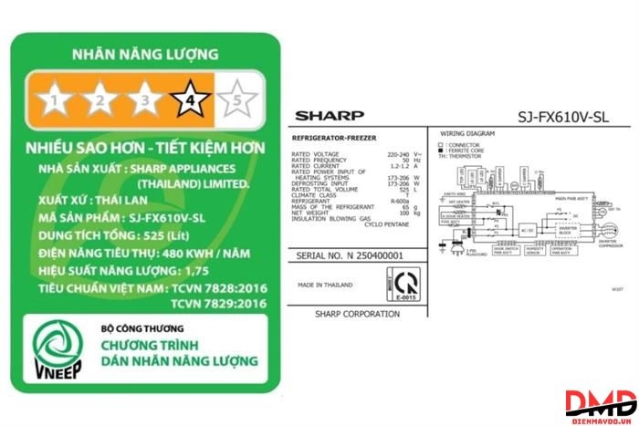 Tủ lạnh Sharp Inverter Multi Door 525 lít SJ-FX610V-MK