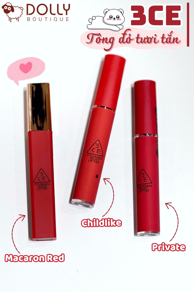 Son Kem Lì 3CE Cloud Lip Tint  #Macaron Red (Màu Đỏ Tươi) - 4g