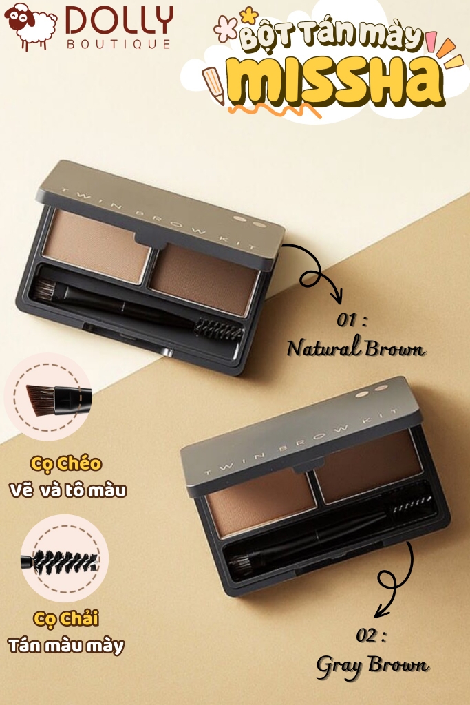 Bột Kẻ Chân Mày Missha Twin Brow Kit No.2 Gray Brown (Màu Nâu Xám) 4.4g