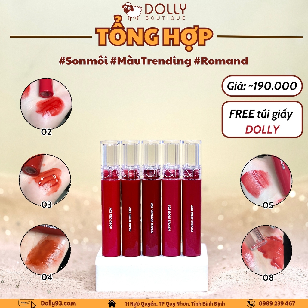 Son Kem Dạng Tint Bóng Romand Glasting Water Tint 4g #02 Red Drop (Màu Đỏ Táo)