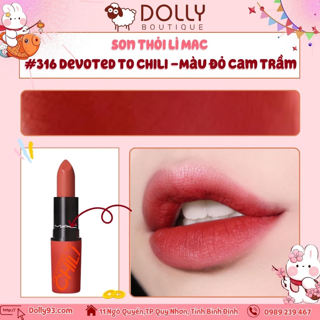 Son Thỏi Mac Chili’s Crew Powder Kiss Lipstick Rouge À Lèvres #316 Devoted To Chili (Màu Đỏ Cam Trầm) - 3g