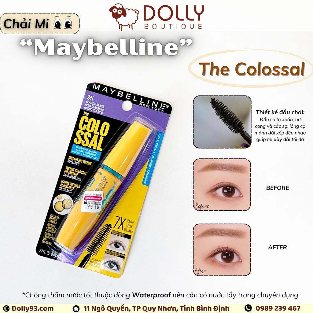 Chải Mi Maybelline Volum' Express The Colossal Waterproof Volumizing Mascara, Classic Black - 8ml