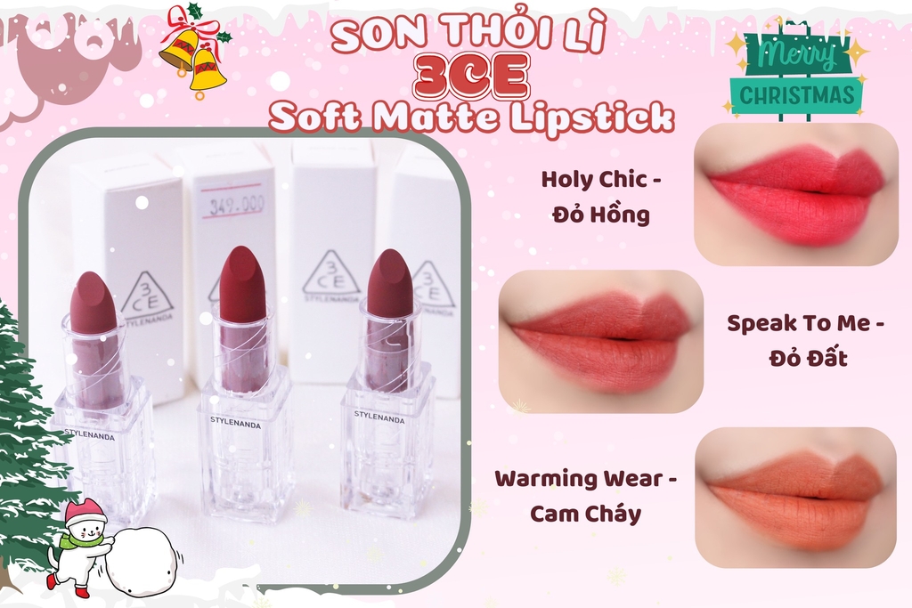 Son Thỏi 3CE Soft Matte Lipstick Holy Chic (Màu Đỏ Hồng) 3.5g