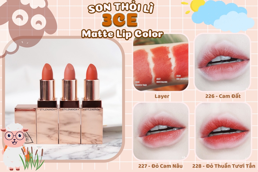 Son Thỏi Lì 3CE Matte Lip Color #228 Red Seventies (Màu Đỏ Nâu Đất)