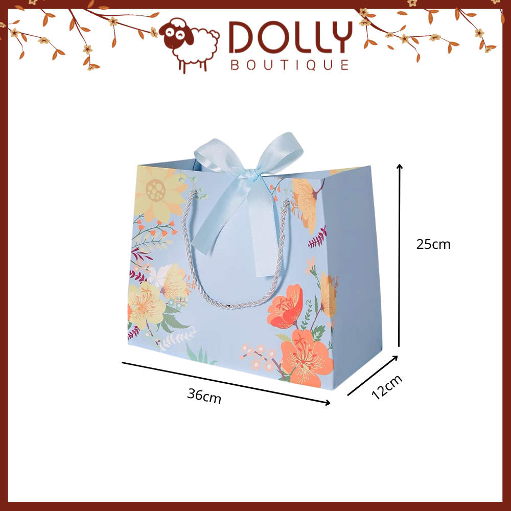 Túi Giấy Đựng Quà Xanh Biển Hoa Có Ruy Băng Nơ - Size lớn 36*12*25cm