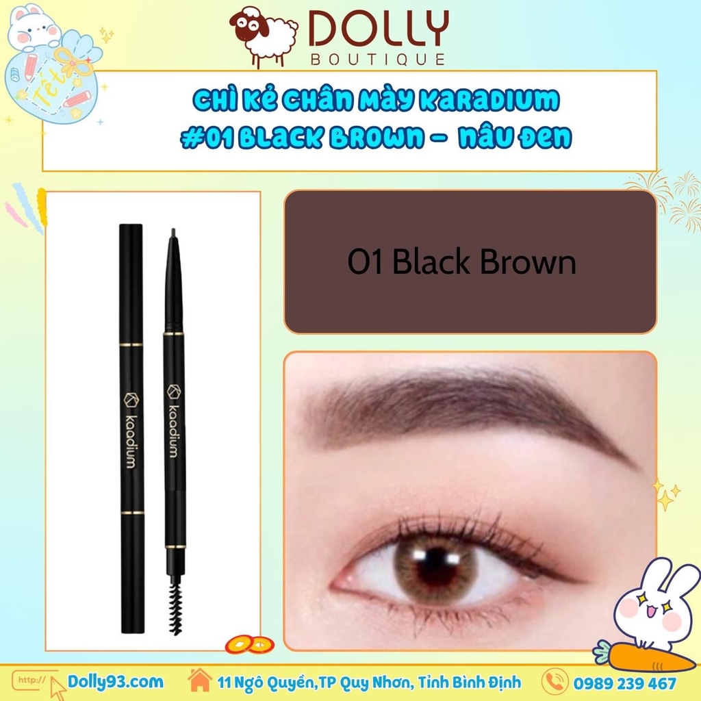 Chì Kẻ Mày 2 Đầu Nét Mảnh Karadium Auto Eyebrow Pencil 0.18g - 01 Black Brown