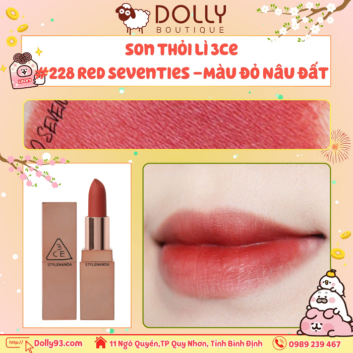 Son Thỏi Lì 3CE Matte Lip Color #228 Red Seventies (Màu Đỏ Nâu Đất)