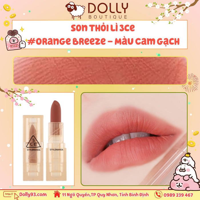 Son Thỏi Lì 3CE Soft Matte Lipstick Warm Edition #Orange Breeze (Màu Cam Gạch) -3.5g