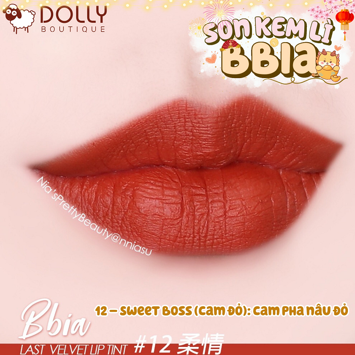 Son Kem Lì Bbia Last Velvet Lip Tint - 12 Sweet Boss (Màu Đỏ Cam)