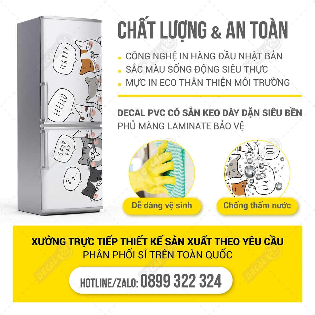 Decal Dán Tủ Lạnh Những Chú Mèo Dễ Thương Trắng Đen Cao Cấp Decal24h