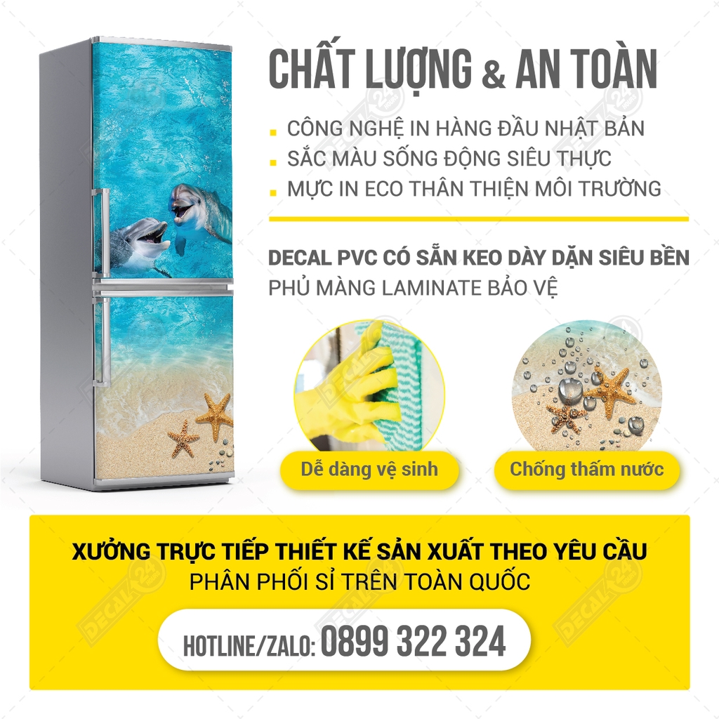 Decal Dán Tủ Lạnh Họa Tiết Cá Heo Sinh Động Chân Thật Decal24h