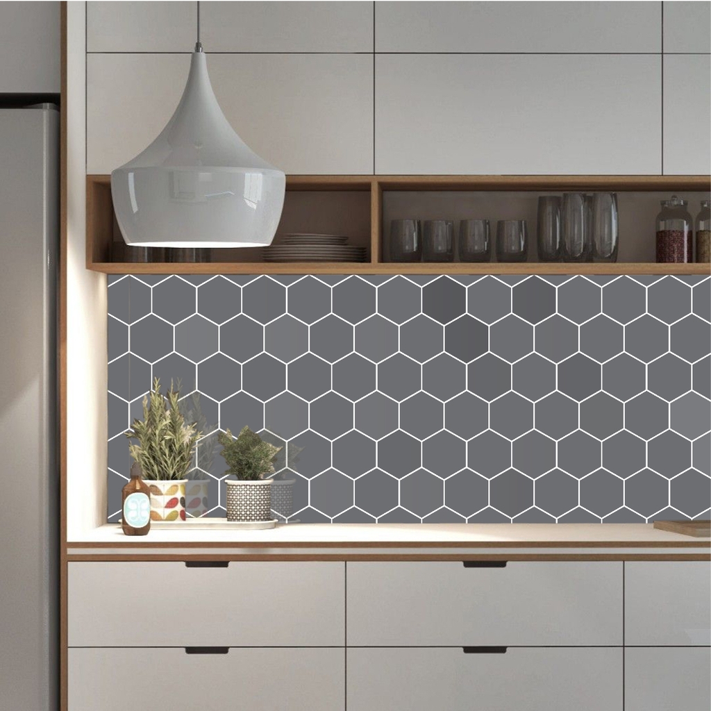 Decal Dán Bếp Hình Lục Giác Màu Xám Cao Cấp