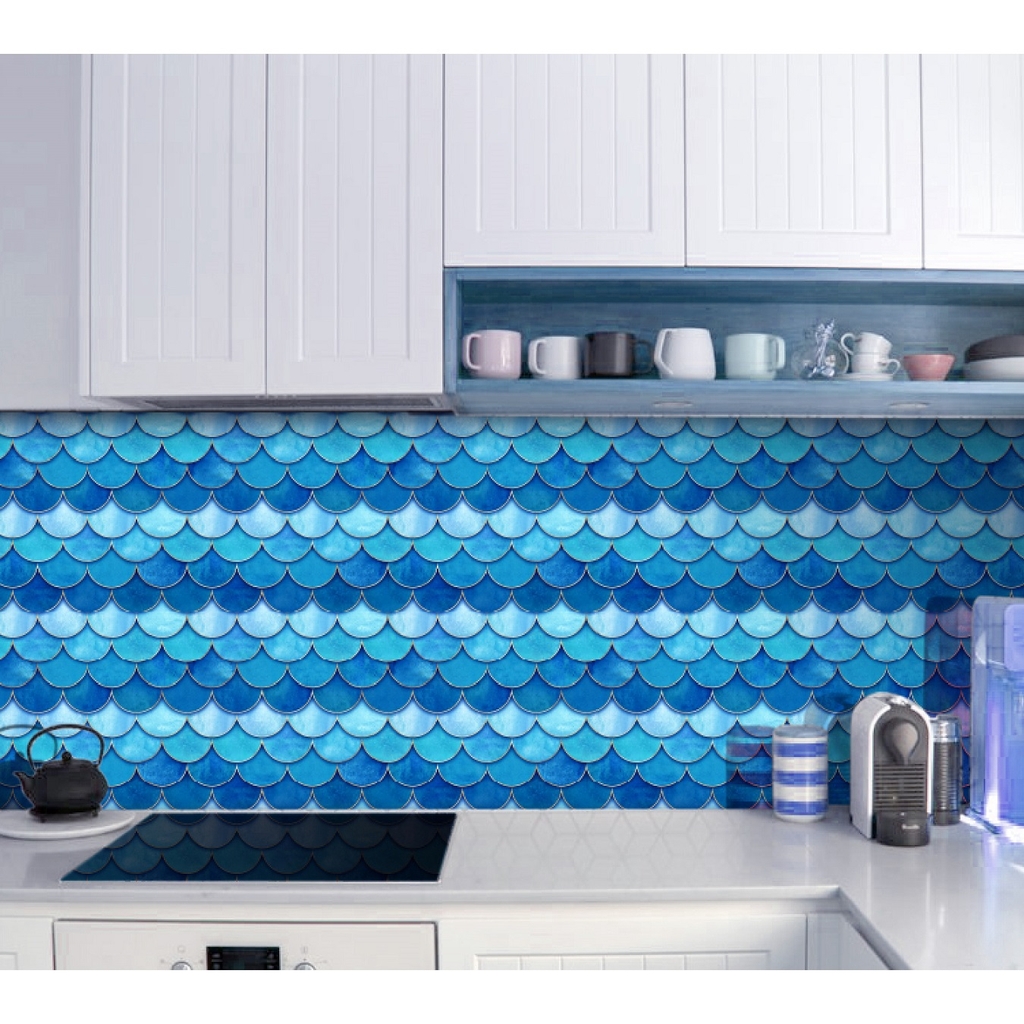 Decal Dán Bếp Họa Tiết Vảy Cá Xanh Cao Cấp