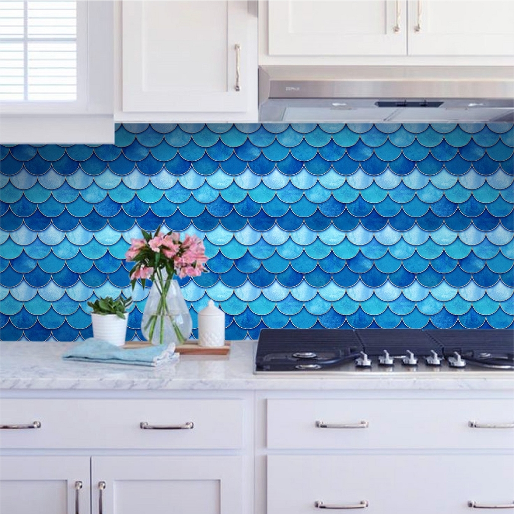 Decal Dán Bếp Họa Tiết Vảy Cá Xanh Cao Cấp