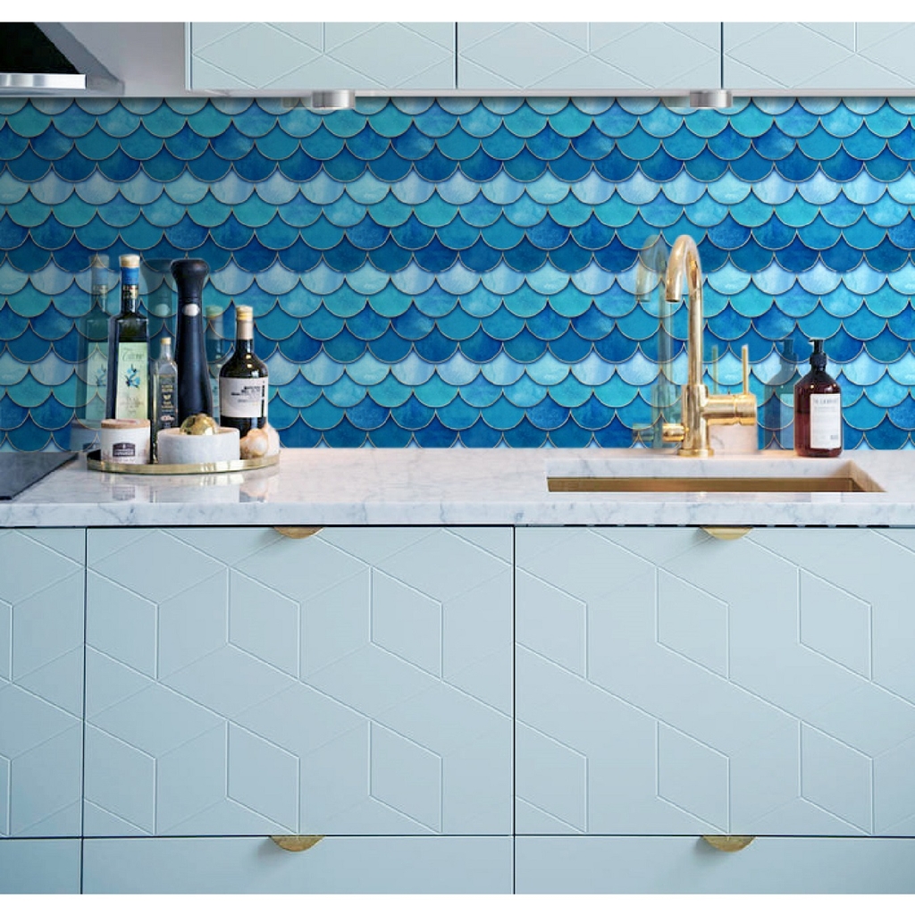 Decal Dán Bếp Họa Tiết Vảy Cá Xanh Cao Cấp