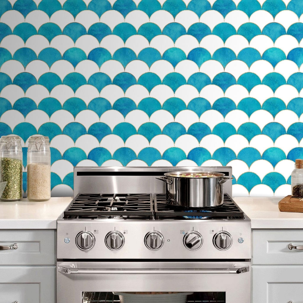 Decal Dán Bếp Họa Tiết Vảy Cá Trắng Xanh Xen Kẻ Cao Cấp