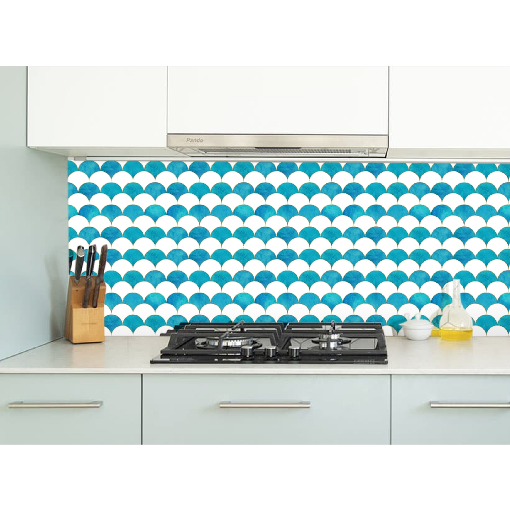 Decal Dán Bếp Họa Tiết Vảy Cá Trắng Xanh Xen Kẻ Cao Cấp