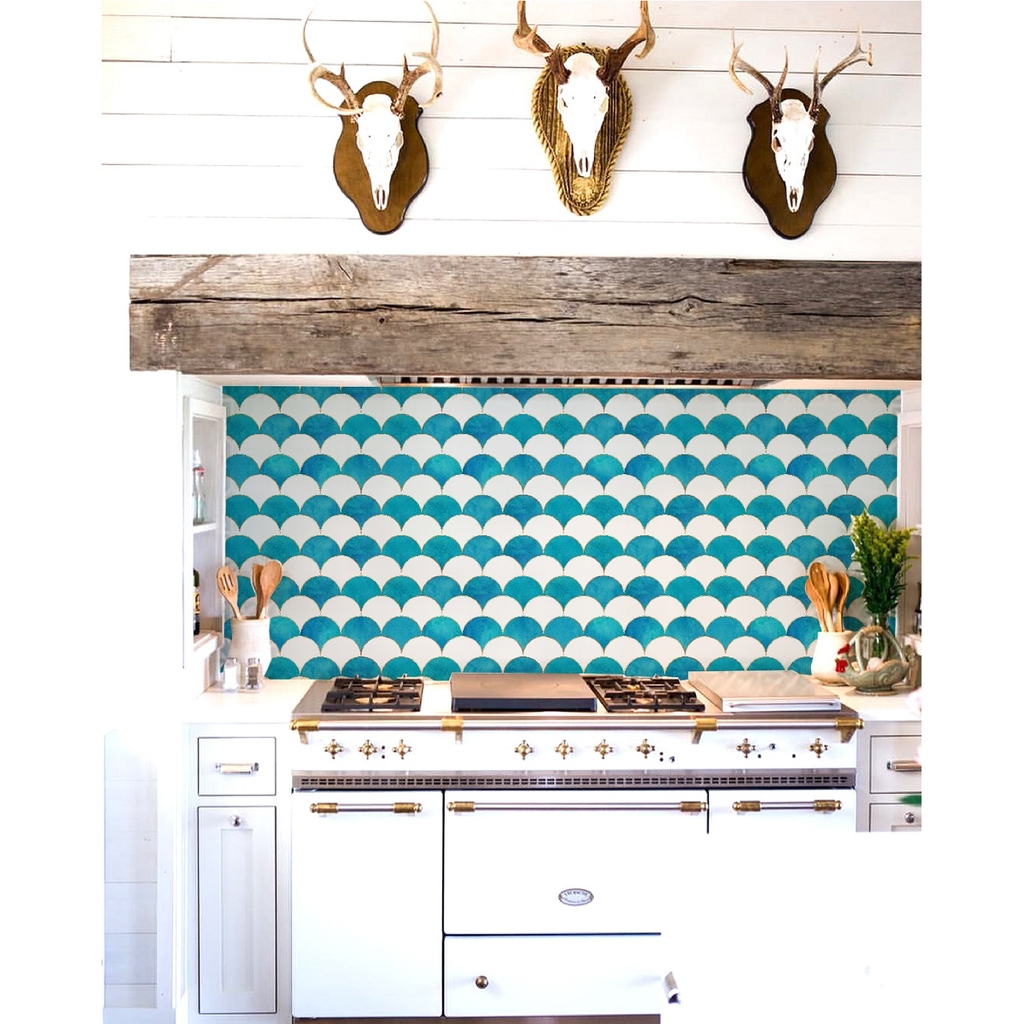 Decal Dán Bếp Họa Tiết Vảy Cá Trắng Xanh Xen Kẻ Cao Cấp