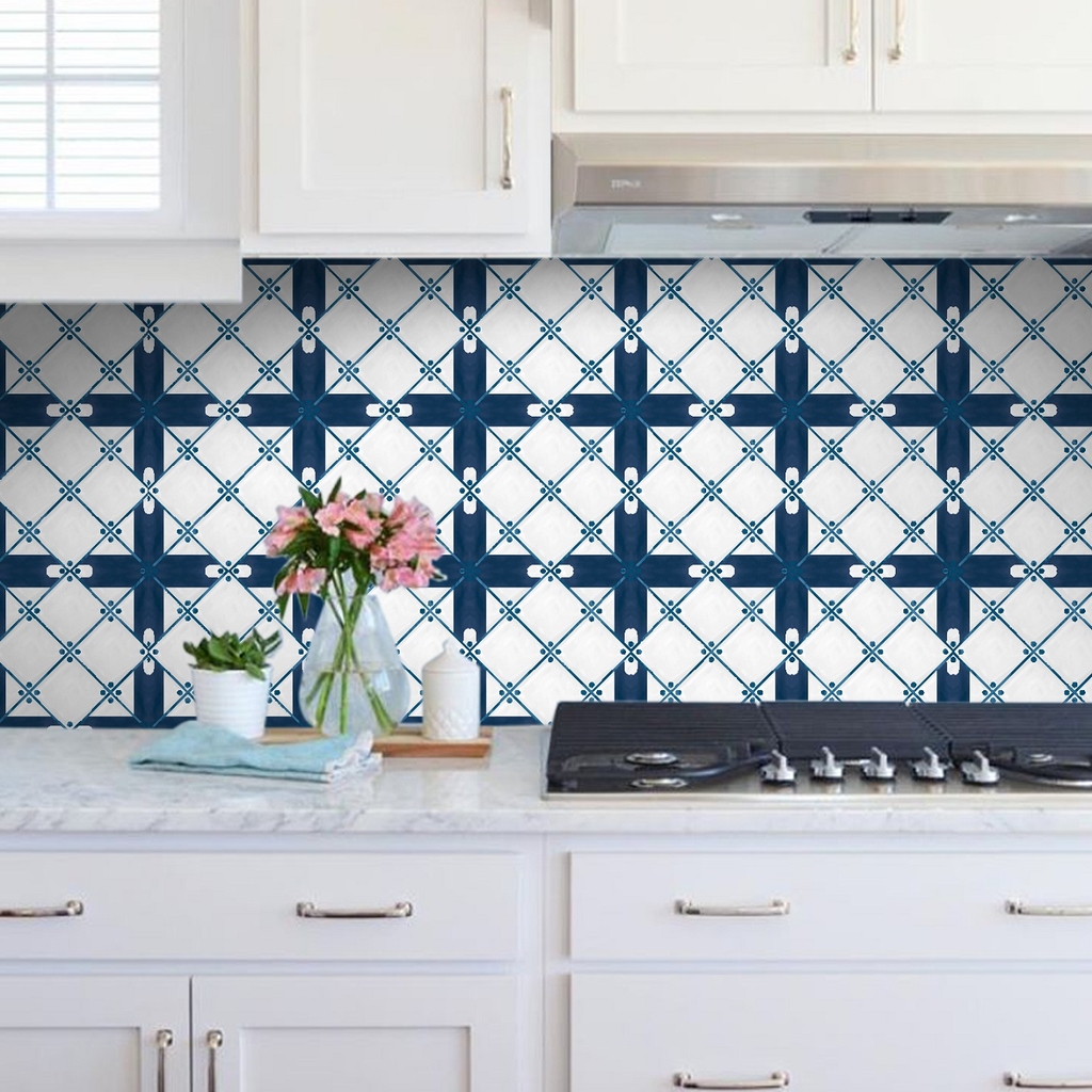 Decal Dán Bếp Họa Tiếp Gạch Men Ốp Cổ Điển Sọc Xanh Cao Cấp